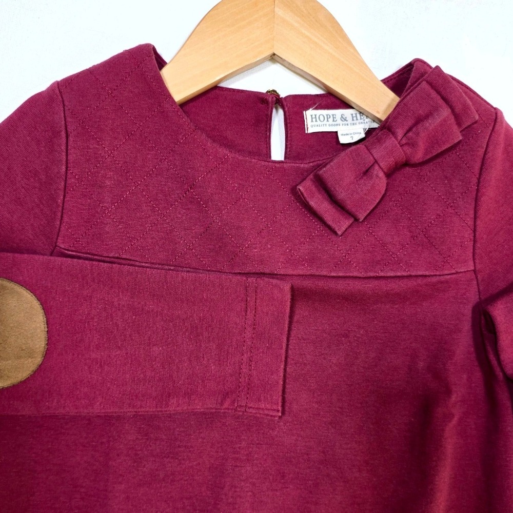 Hope & Henry Dress Girls 7 Burgundy Quilted Bow Elbow Patches A-Line Knit Dress